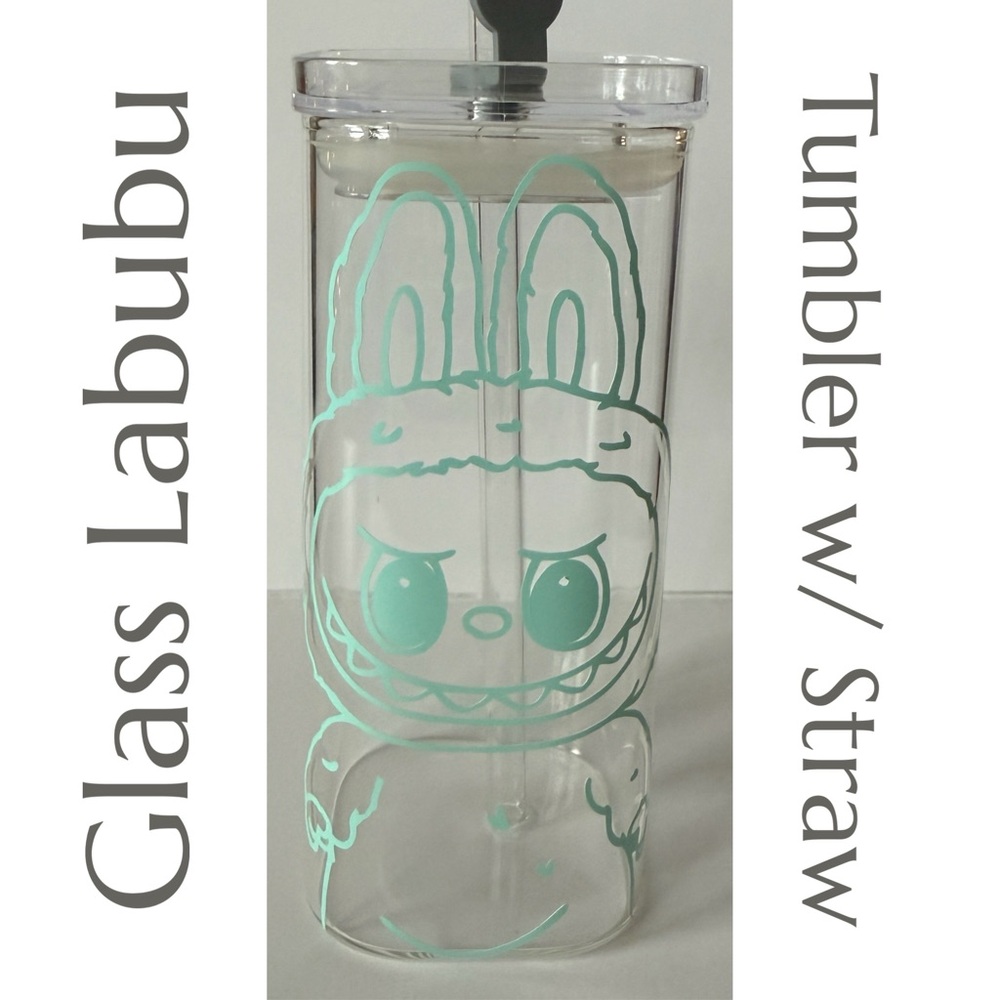 Glass Labubu Tumbler with Straw -‎ Sage/Teal Green